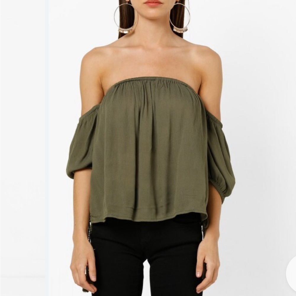 Venus Women’s Boho Tunic Top Small Green Off Shoulder Bell Sleeve Ruched Hippie